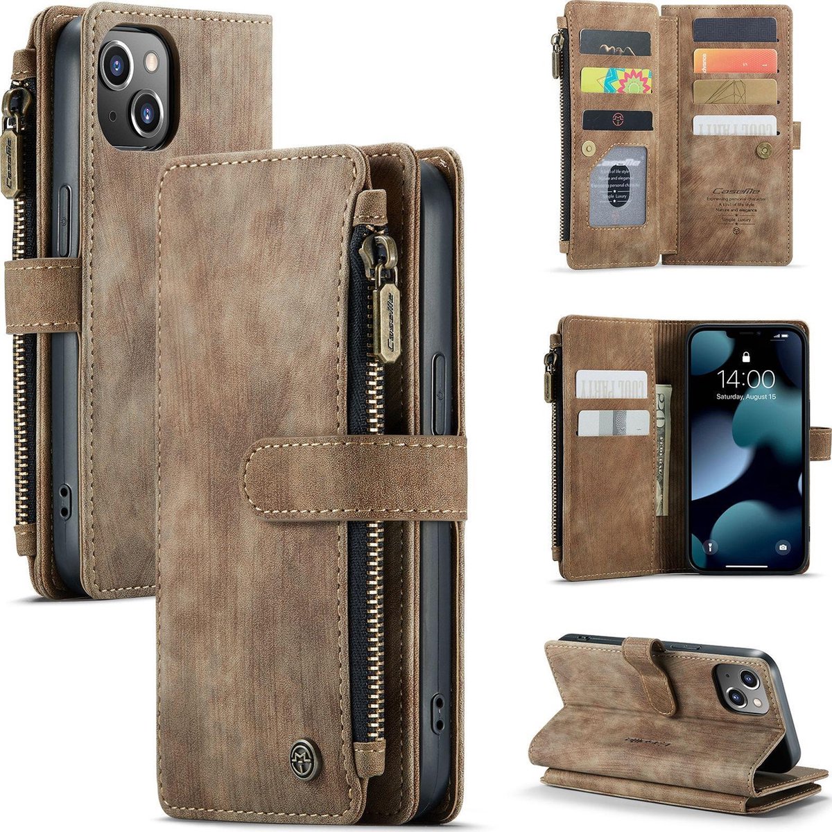 CaseMe voor iPhone SE & 5s & 5 multifunctionele lederen Billfold met afneembare magnetische PC beschermende hoes & 13 Card Slots & 1 foto Frames & 1 rits portemonnee & 2 magnetische slotjes & Holder(Brown)