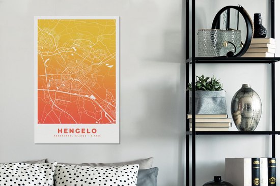 Canvas Schilderij Stadskaart - Hengelo - Geel - Nederland - 60x90 cm - Wanddecoratie