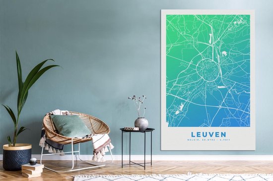 Tableau sur Toile City Map - Louvain - Blauw - Vert - 120x180 cm - Décoration murale XXL - Carte