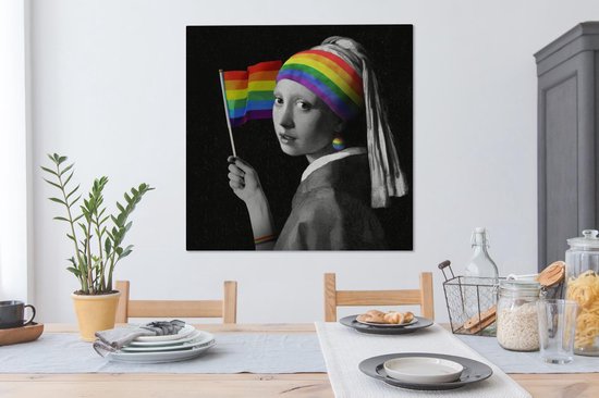 Canvas schilderij 90x90 cm - Wanddecoratie Meisje met de parel - Pride Vlag - Regenboog - Muurdecoratie woonkamer - Slaapkamer decoratie - Kamer accessoires - Schilderijen op canvas