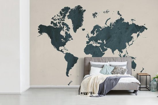 Wereldkaart de pierre bleu foncé avec rainures sur fond rose 330x220 cm