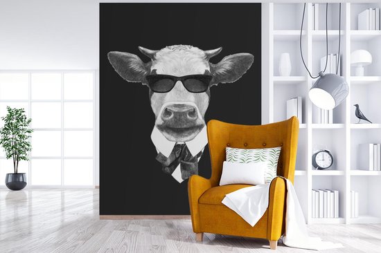 Papier peint - Papier peint photo Vache - Lunettes de soleil - Zwart - Wit - Largeur 190 cm x hauteur 260 cm