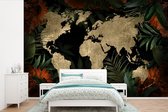 Carte du monde couleur sable avec motif texturé et fleurs orange et feuilles tropicales 450x300 cm