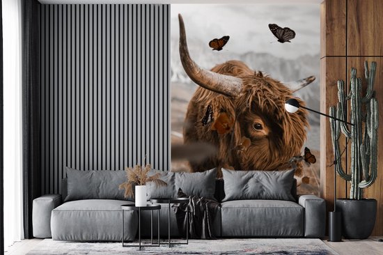 Papier peint - Papiers Papier peint photo Papillons - Highlander écossais - Fleurs - Largeur 200 cm x Hauteur 300 cm