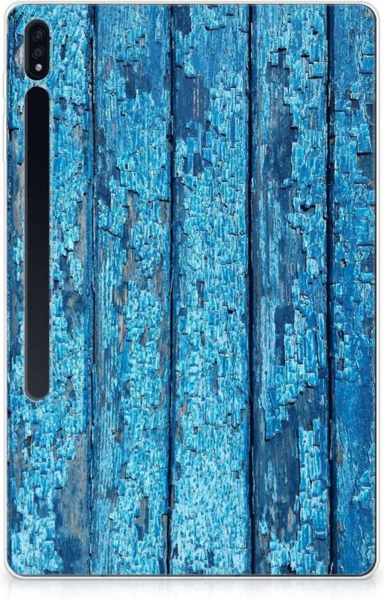 Cover Samsung Galaxy Tab S7 Plus Siliconen Hoesje met naam Personaliseren Wood Blue met transparant zijkanten