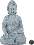 Grijs Boeddhabeeldje zittend in meditatiehouding, met gedetailleerde gewaad.