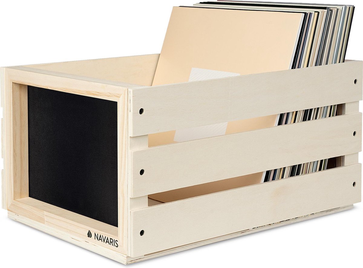 Navaris opbergkist voor LP's met krijtbord - Houten krat voor vinylplaten - Opbergbox voor 50 - 80 platen - Kist van hout in vintage stijl - Naturel