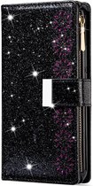 Samsung Galaxy A22 5G Luxe Glitter Book Case Hoesje met Koord - Bloemenpatroon - Magnetische Sluiting - Portemonnee met Rits - Pasjeshouder - Samsung Galaxy A22 5G - Zwart