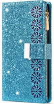 Samsung Galaxy S20 Luxe Glitter Book Case Hoesje met Koord - Bloemenpatroon - Magnetische Sluiting - Portemonnee met Rits - Pasjeshouder - Samsung Galaxy S20 - Blauw