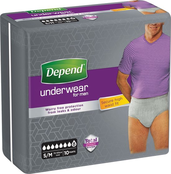 Doos Depend Underwear for Men, S/M, 10 broekjes, met een man in paars gestreept shirt en grijze incontinentiebroek.