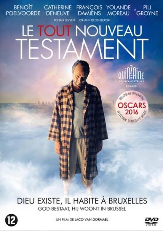 DVD-cover van 'Le Tout Nouveau Testament' met een man in een ruitjesjas.