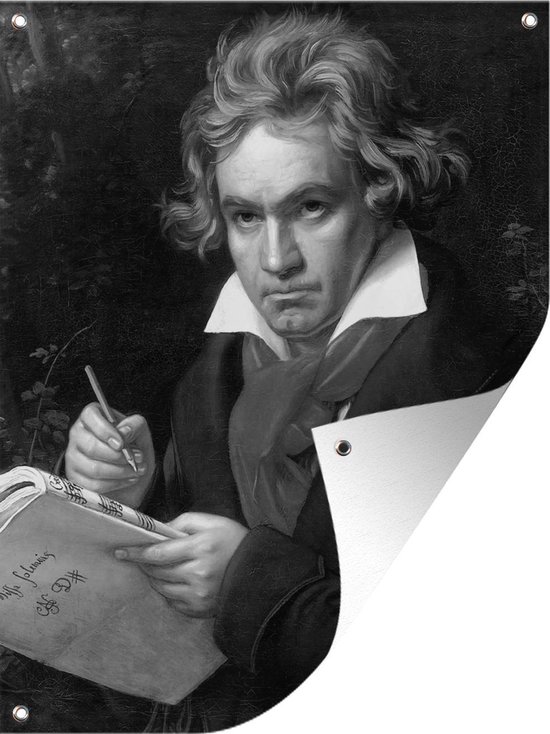 Tuin decoratie Portret van Beethoven met bladmuziek - zwart wit - 30x40 cm - Tuindoek - Buitenposter