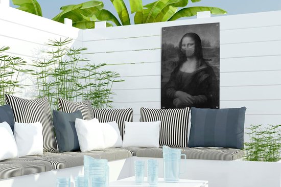 Décoration de jardin Mona Lisa avec un bonnet de bouche bleu foncé - peinture de Leonardo de Vinci - noir et blanc - 40x60 cm - Affiche de jardin