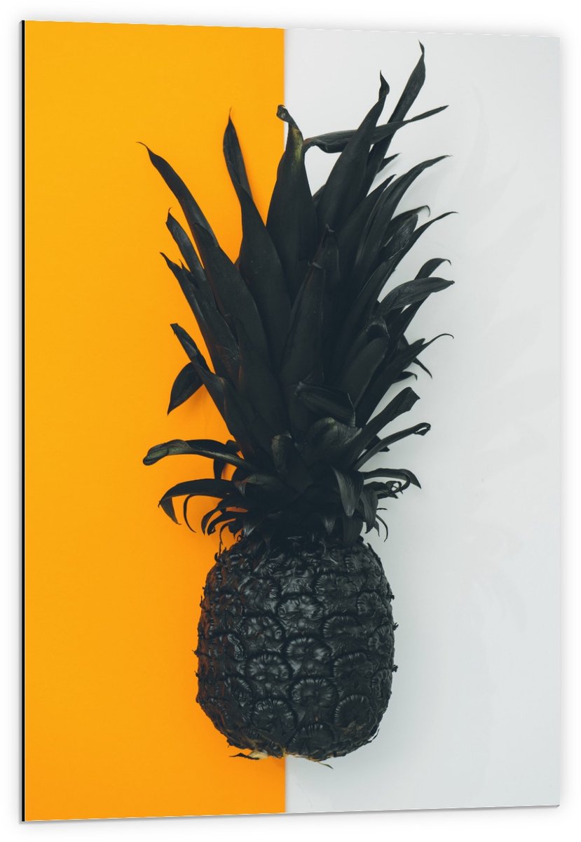 Dibond - Zwarte Ananas met Gele/Witte Achtergrond - 60x90cm Foto op Aluminium (Wanddecoratie van metaal)