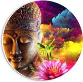 Forex Wandcirkel - Boeddha met Achtergrond van Gekleurde Bloemen - 20x20cm Foto op Wandcirkel (met ophangsysteem)