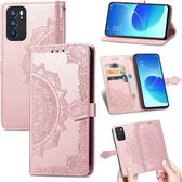 Voor OPPO Reno6 5G Mandala Bloem Reliëf Horizontale Flip Lederen Case met Houder & Drie Kaartsleuven & Portemonnee & Lanyard (Rose Goud)