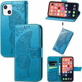 Butterfly Love Flower reliëf horizontale flip lederen tas met beugel / kaartsleuf / portemonnee / lanyard voor iPhone 13 mini (blauw)