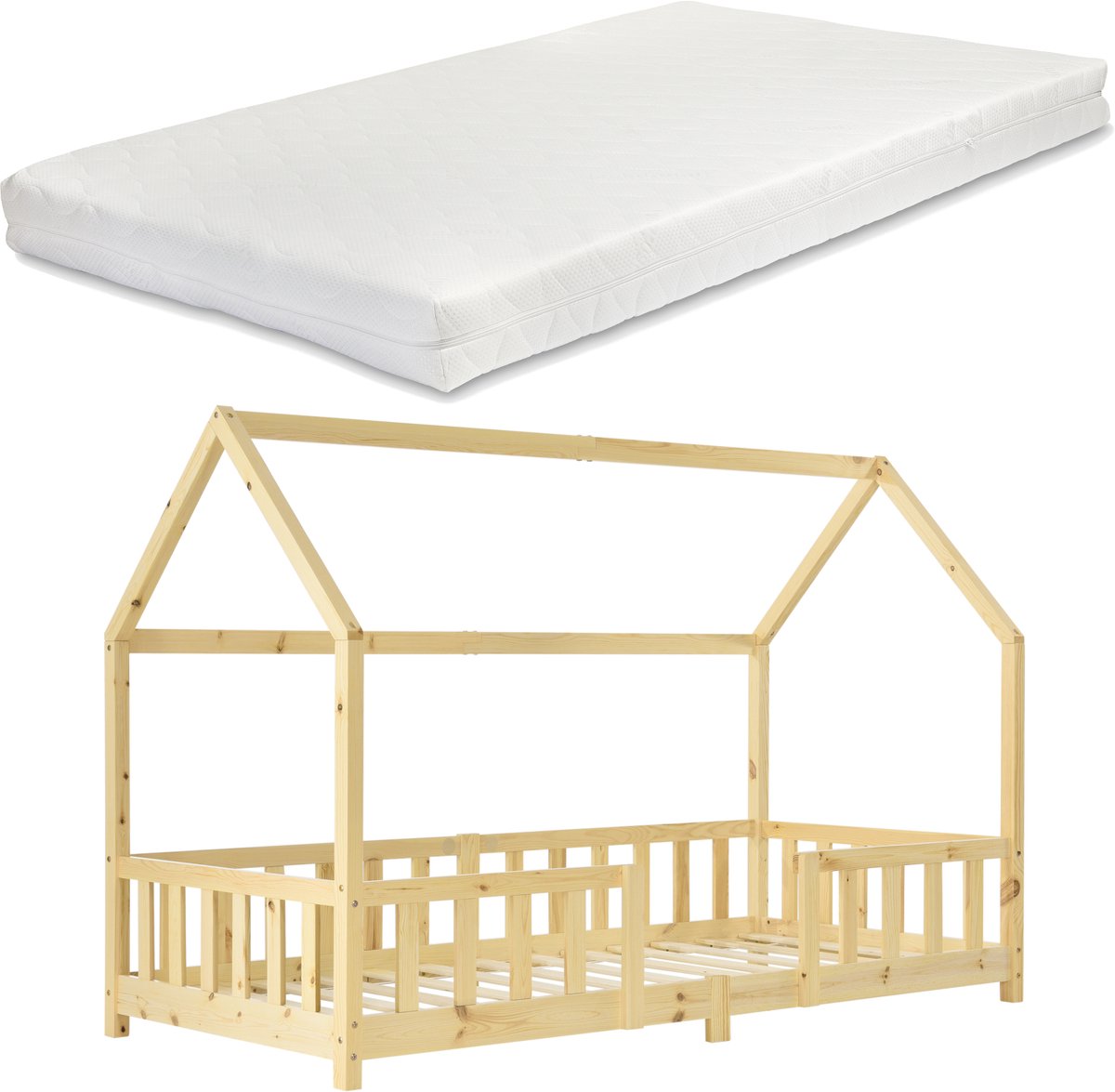en.casa Kinderbed Sisimiut met uitvalbeveiliging en matras 90x200 hout houtkleurig