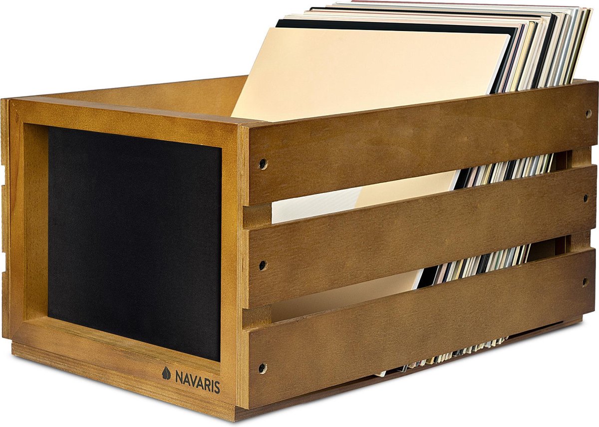 Navaris opbergkist voor LP's met krijtbord - Houten krat voor platen - Opbergbox voor 50 - 80 platen - Kist van hout in vintage stijl - Bruin