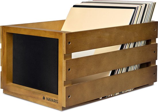 Navaris opbergkist voor LP's met krijtbord - Houten krat voor platen - Opbergbox voor 50 - 80 platen - Kist van hout in vintage stijl - Donkerbruin