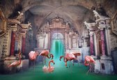 Glasschilderij - Flamingo's - tempel - 160x110 cm - Wanddecoratie