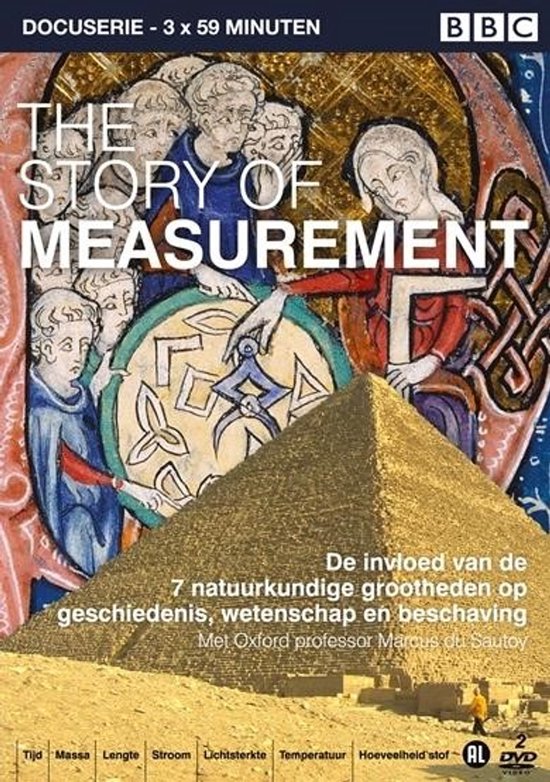 DVD-hoes: The Story of Measurement, een docuserie over de 7 natuurkundige grootheden. Met een piramide en middeleeuwse afbeeldingen.