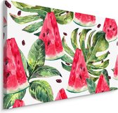 Schilderij - Tropische watermeloen (print op canvas), groen/rood/wit, wanddecoratie