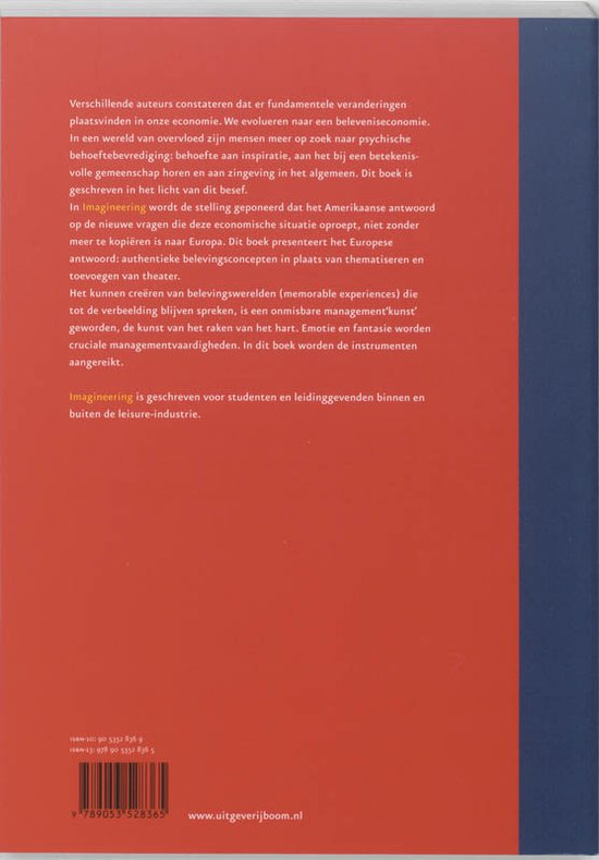 Achterkant boek: 'Imagineering. Het creëren van belevingswerelden'. Beschrijft economische veranderingen en belevingseconomie.