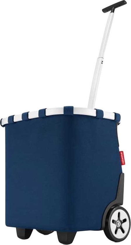 Donkerblauwe boodschappentrolley met witte gestreepte rand, zilverkleurig uitschuifbaar handvat en zwarte wielen.
