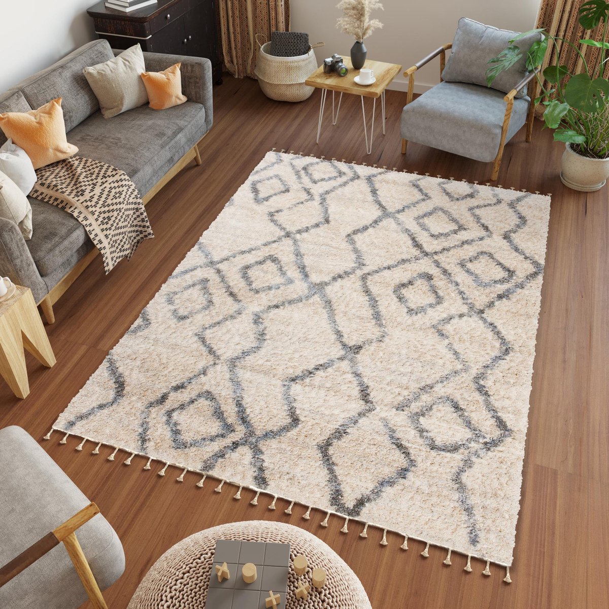 Tapiso Versay Fringes Vloerkleed Hoogpolig Shaggy Boho Tapijt Maat- 80x200 Beige Grijs1