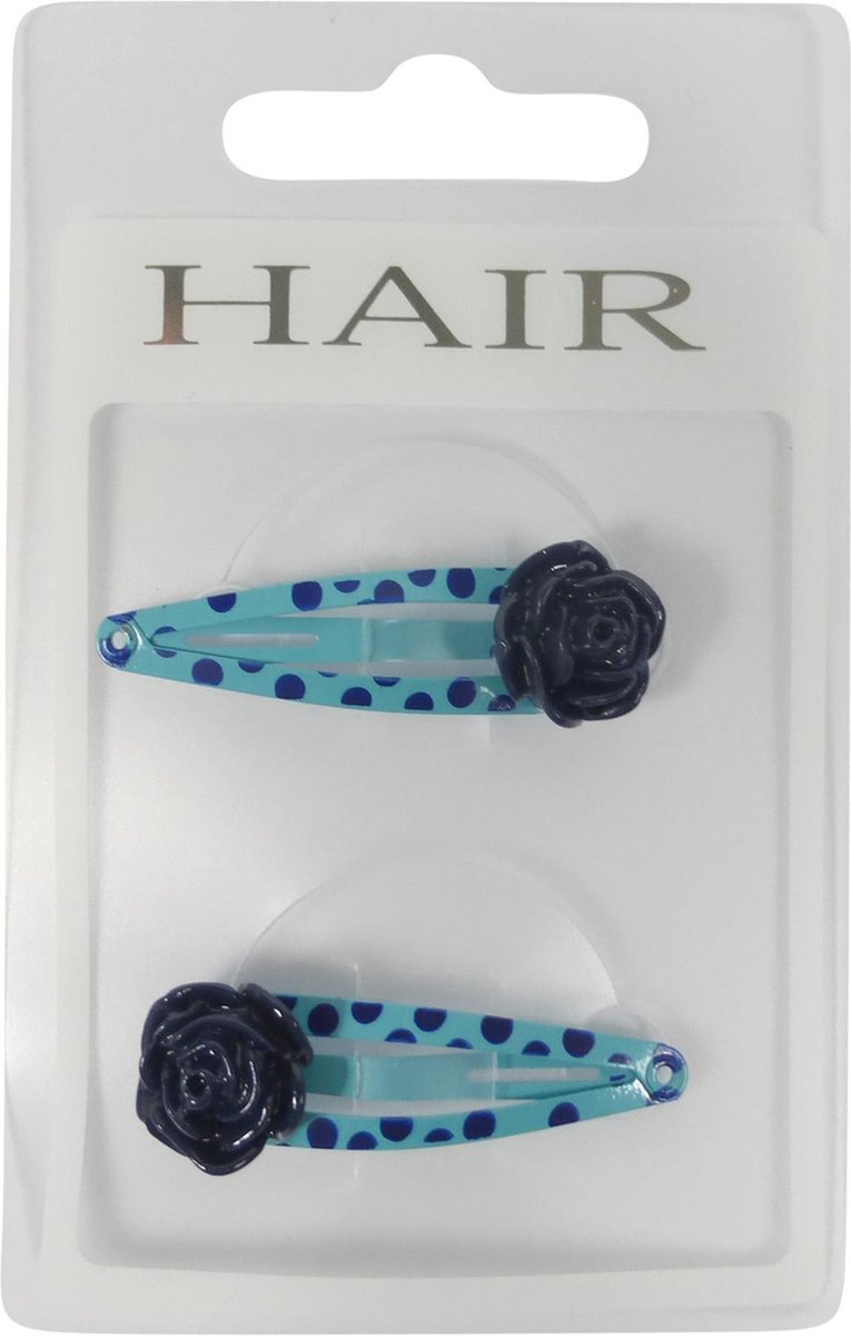 Haarspeldjes klikklak 4.0cm Stippen Motief met Roosje - Turquoise/Navy - 2 stuks