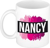 Nancy  naam cadeau mok / beker met roze verfstrepen - Cadeau collega/ moederdag/ verjaardag of als persoonlijke mok werknemers