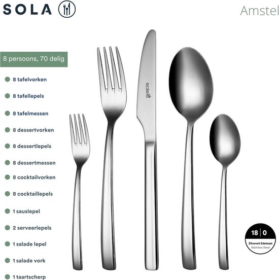 Sola Bestekset Amstel - Economy - 8 persoons - 70 delig - Zilver Chroomstaal 18/0 - RVS - Sola