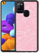 Hoesje Geschikt voor Samsung Galaxy A21s Telefoonhoesje met Zwarte rand Witte Bloemen
