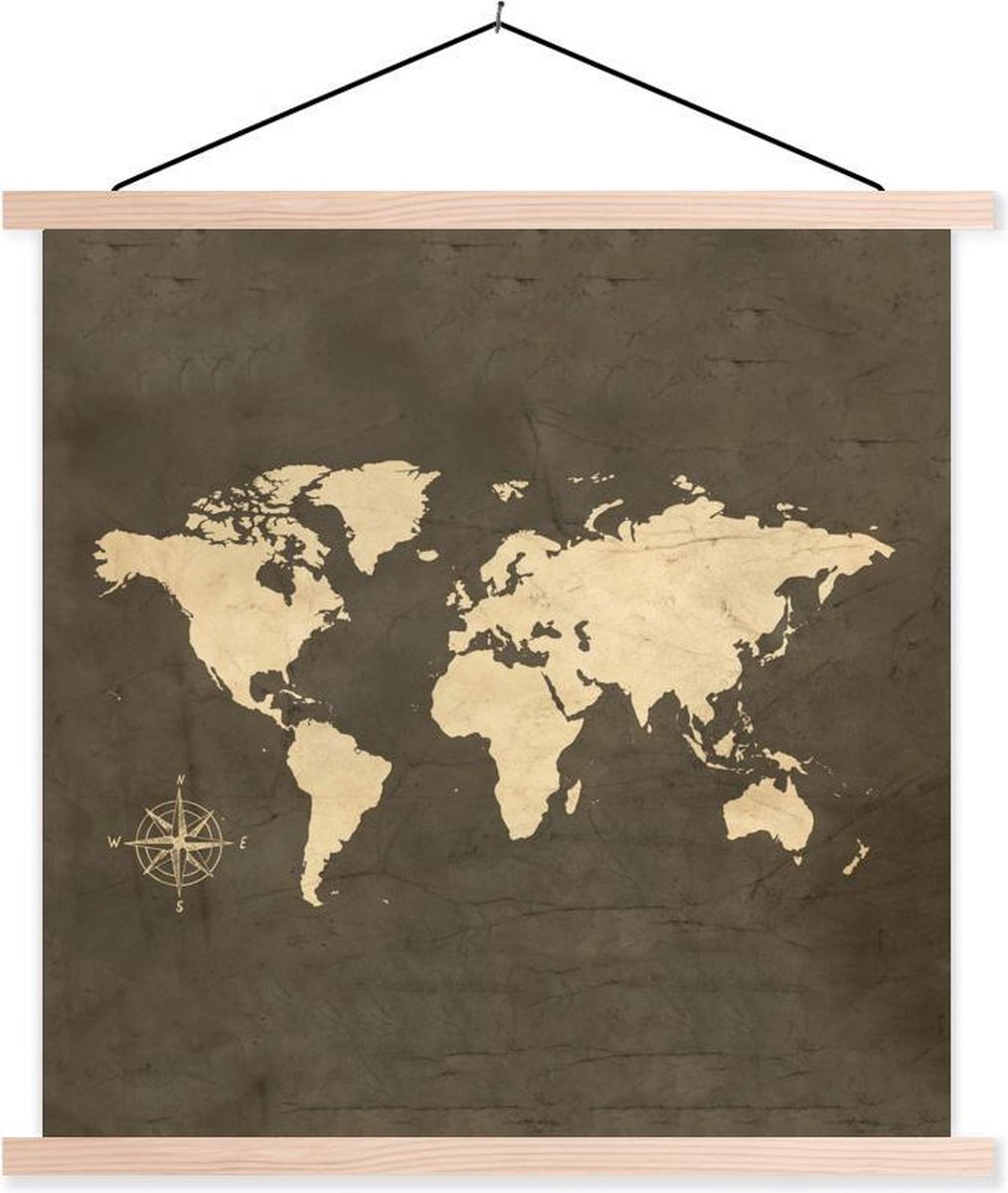 Posterhanger incl. Poster 90x90 cm - Schoolplaat - wereldkaart - Vintage - Windroos - Textielposter - Blanke latten