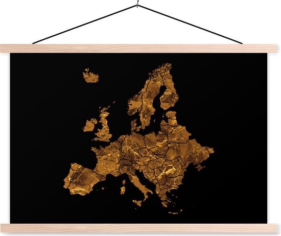 Posterhanger incl. Poster - Schoolplaat - Kaart Europa - Marmer - Goud - 150x100 cm - Blanke latten
