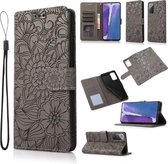 Voor Samsung Galaxy Note20 Huid Voelen Reliëf Zonnebloem Horizontale Flip Lederen Case met Houder & Kaartsleuven & Portemonnee & Lanyard (Grijs)