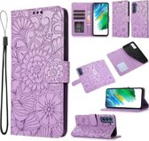 Voor Samsung Galaxy S21 FE Huid Voelen Reliëf Zonnebloem Horizontale Flip Lederen Case met Houder & Kaartsleuven & Portemonnee & Lanyard (Paars)