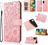 Voor Samsung Galaxy A51 Huid Voelen Reliëf Zonnebloem Horizontale Flip Lederen Case met Houder & Kaartsleuven & Portemonnee & Lanyard (Rose Goud)