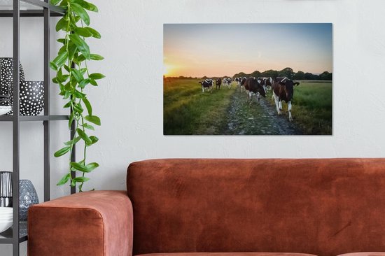 Tableau Peinture Vaches - Soleil - Route - 60x40 cm - Décoration murale