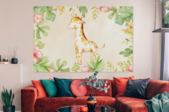 Tableau sur toile Girafe - Peinture aquarelle - Fleurs - Jungle - 180x120 cm - Décoration murale XXL