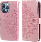 7-bloemblaadjes bloemen reliëfpatroon horizontale flip PU lederen tas met houder & kaartsleuven & portemonnee & fotolijst voor iPhone 13 Pro (rosé goud)