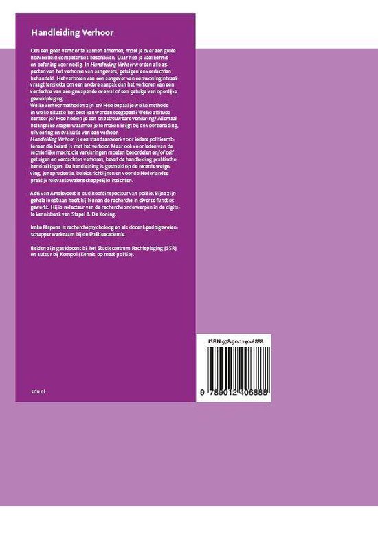 Boekrug met tekst 'Handleiding Verhoor' en ISBN-barcode. Een paarse achtergrond.