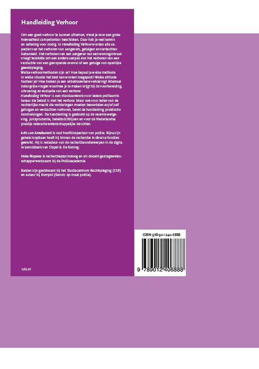 Boekrug met tekst 'Handleiding Verhoor' en ISBN-barcode. Een paarse achtergrond.