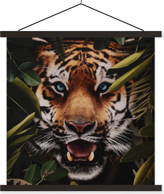 Posterhanger incl. Poster 90x90 cm - Schoolplaat - Tijger - Jungle - Bladeren - Textielposter - Zwarte latten