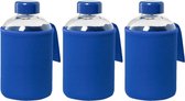 3x Stuks glazen waterfles/drinkfles met blauwe softshell bescherm hoes 600 ml - Sportfles - Bidon