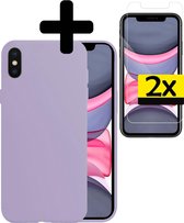Hoesje Geschikt voor iPhone X Hoesje Siliconen Case Met 2x Screenprotector - Hoes Geschikt voor iPhone X Hoes Siliconen - Lila