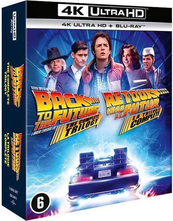 Box met de Back to the Future trilogie op 4K Ultra HD Blu-ray. Bevat de 5 hoofdpersonages en de DeLorean.