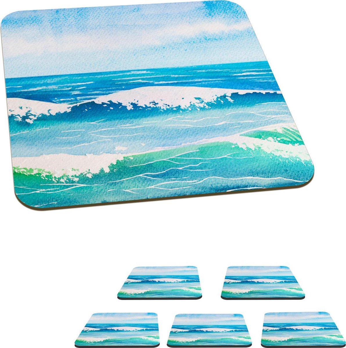 Onderzetters voor glazen - Golf - Zee - Waterverf - 10x10 cm - Glasonderzetters - 6 stuks