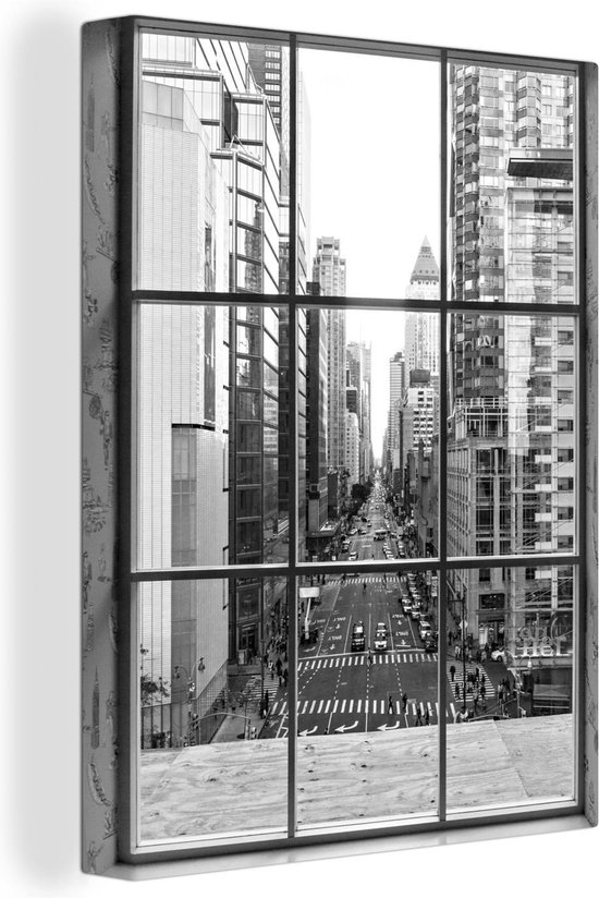 Canvas Schilderij New York uit het raam - zwart wit - 60x80 cm - Wanddecoratie